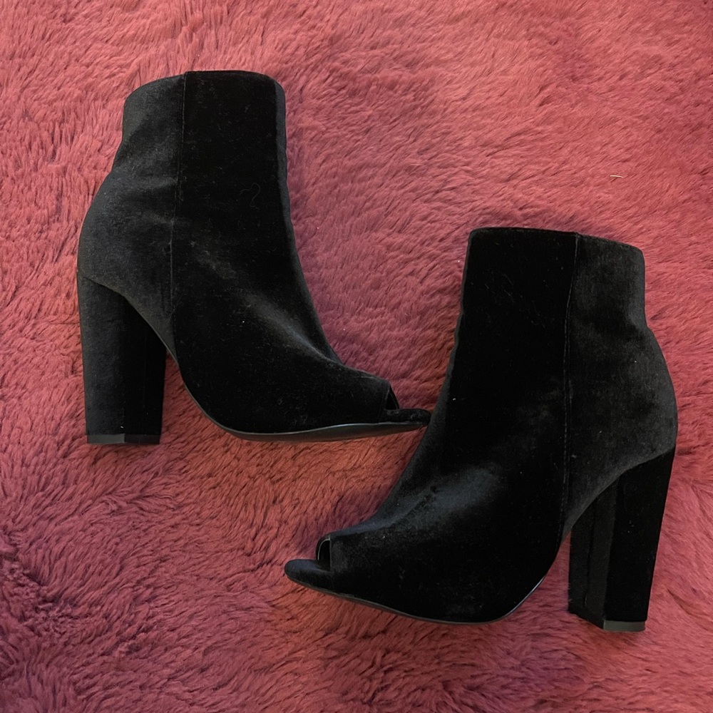 Black velvet peep toe booties